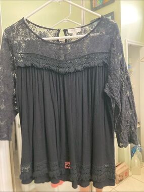 Umgee Navy Lace Yoke Peasant Blouse